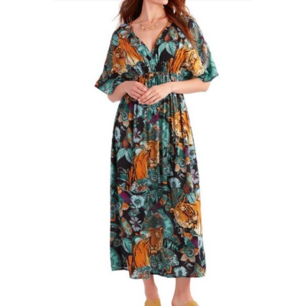 World Market Tiger Tropical Print Maxi Dress L/XL Kimono Sleeve Boho Jungle